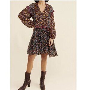 Anthropologie Helene Black Floral Ruffled Chiffon Boho Tunic Dress